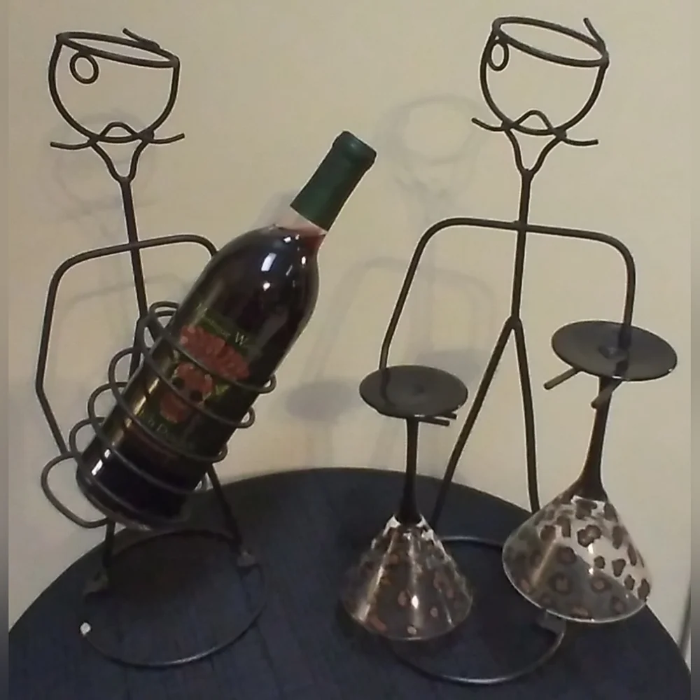 MCM Metal Wire Frenchman Sculpture Wine and Glass Bottle Holder Set